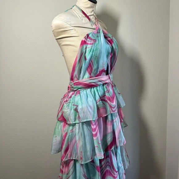 NWT OLIVACEOUS Candy Swirl Pink & Green Tiered Maxi Dress Halter Neck Sz Large - Picture 5 of 10